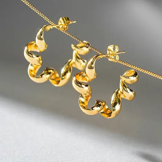 14K Gold Sculptural Twisted Spiral Hoop Earrings