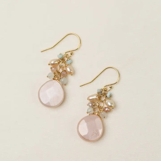 Solace Freshwater Pearl, Aquamarine with Moonstone Cluster Earrings
