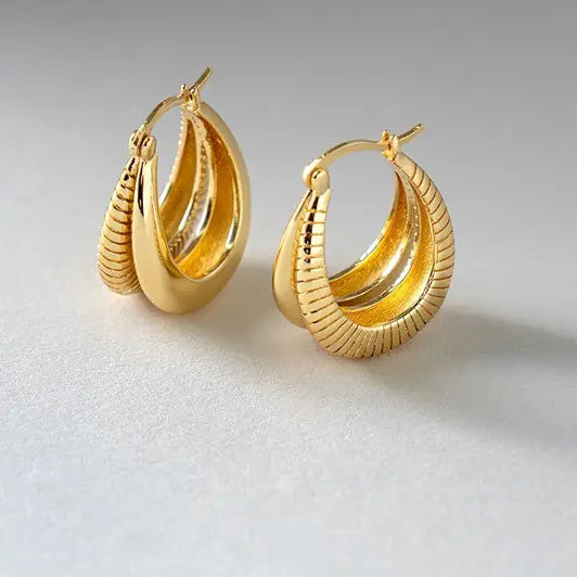 14K Gold Textured Double Crescent Statement Hoop Earrings