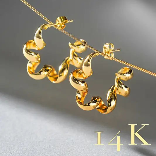 14K Gold Sculptural Twisted Spiral Hoop Earrings